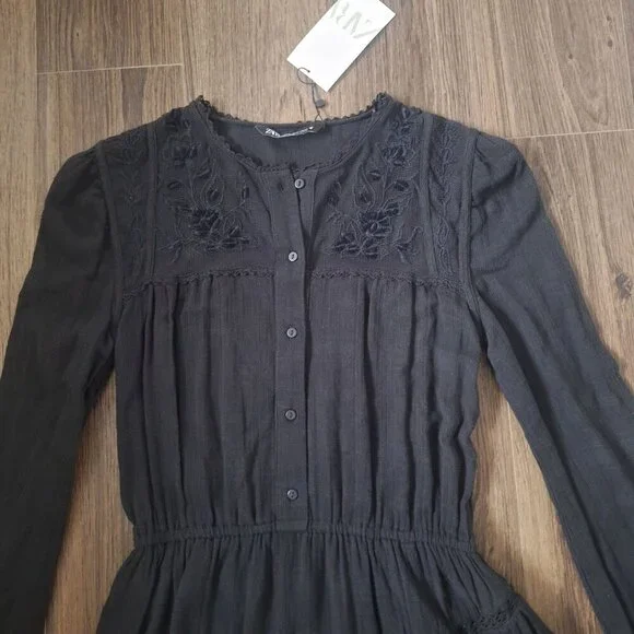 NWT Zara Black Tiered Embroidered Mini Dress Lined 100% Cotton - Picture 3 of 9
